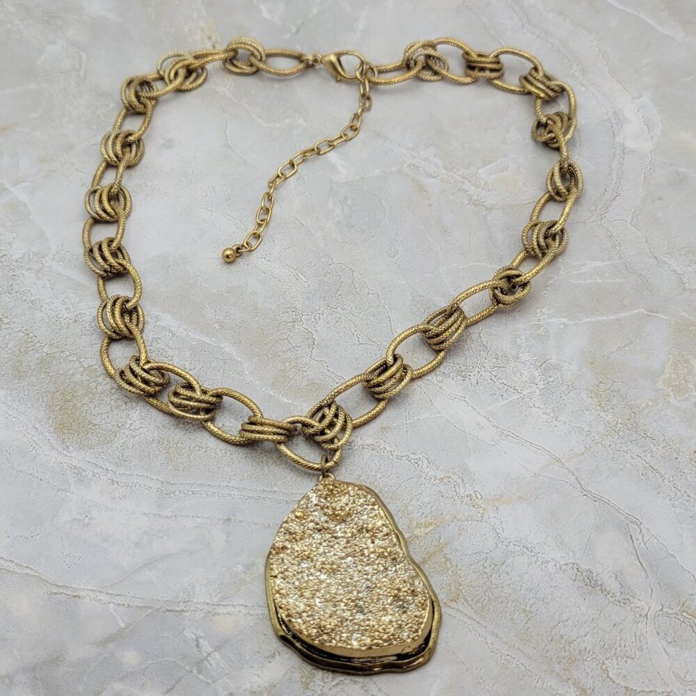 Gold Druzy Statement Pendant Necklace 21 Inch Asymmetrical Fancy Chain